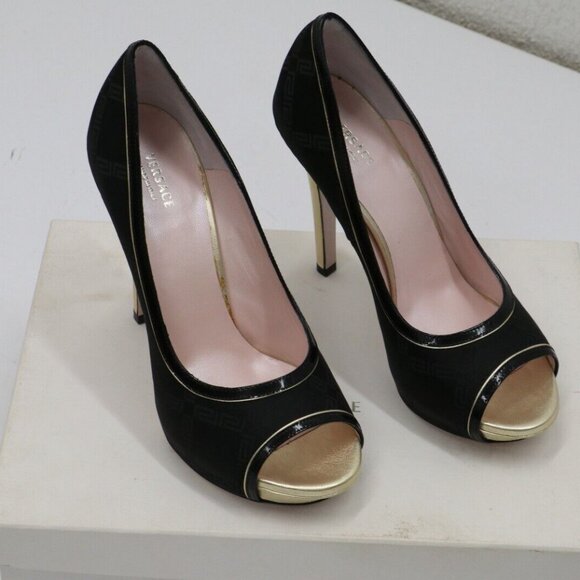 Versace Black/Gold Peep Toe Pumps Size 37.5/US 7.5 - Picture 2 of 10